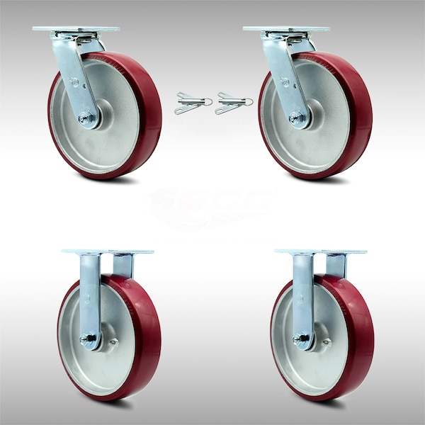 8 Inch SS Poly on Aluminum Caster Set with Ball Bearings 2 Swivel Lock 2 Rigid